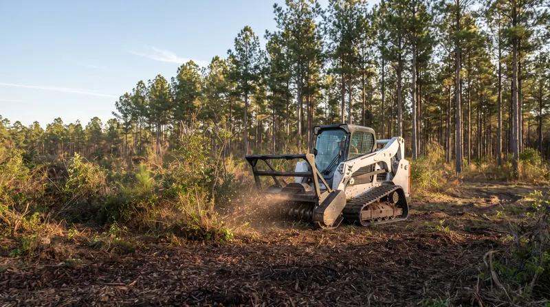 Track loader with a forestry mulcher clearing brush under tall pines on a rural lot