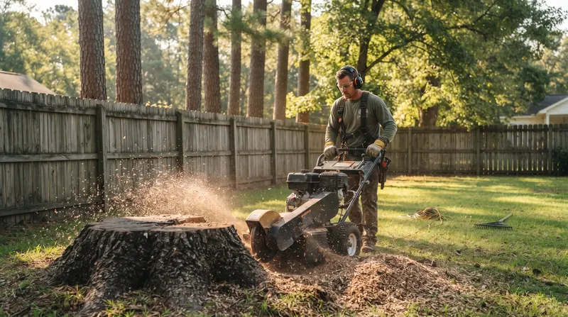 Worker in ear and eye protection grinding an old tree stump in a fenced backyard