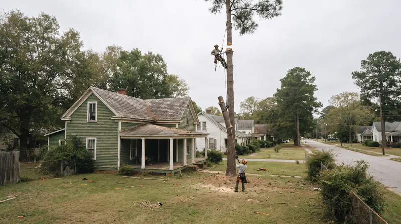 Tree climber high in a tall pine taking it down in sections next to an older two-story home